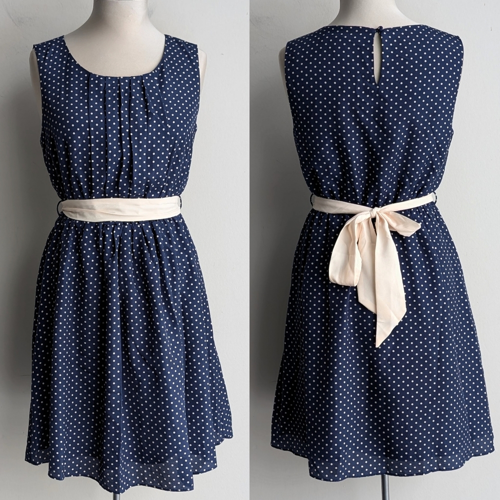 Polka Dot Navy Sleeveless Mini Dress with Cream Bowtie Belt